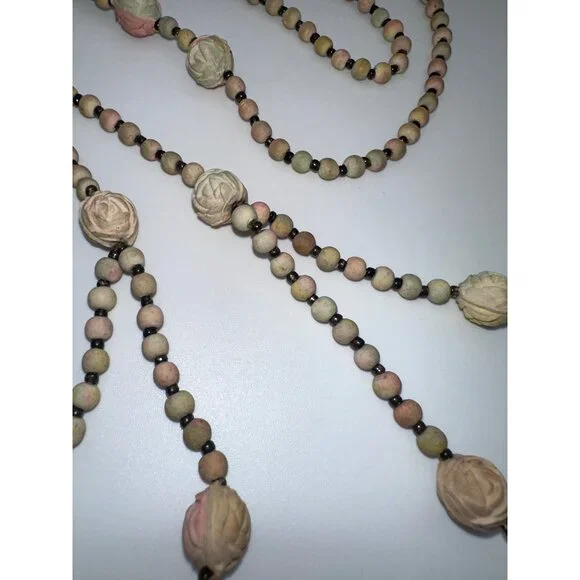 Antique Art Deco real pressed rose petals pink beaded sautoir tassel necklace